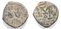 Ancient Coins - AS FOUND: BYZANTINE. Justin II with Sophia, 565 - 578 AD. AE FOLLIS