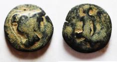 Ancient Coins - OVER-STRUCK ON A PTOLEMY AE : NABATAEAN. ARETAS II OR III DAMASCUS MINT. AE 17