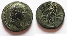 Ancient Coins - Apparently unpublished: Judaea. Herodian Dynasty. Agrippa II with Vespasian (AD 69-79).  AE 28mm, 16.95g. Tiberias mint. Struck in year 15 of the second era of Agrippa II (AD 74/5)