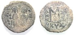 Ancient Coins - AS FOUND: BYZANTINE. JUSTIN II & SOPHIA . AE FOLLIS COIN