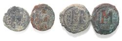 Ancient Coins - BYZANTINE . LOT OF 2 BRONZE FOLLIS COINS. JUSTIN II