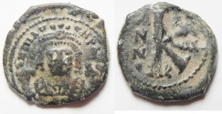 Ancient Coins - BYZANTINE. MAURICE TIBERIUS AE 1/2 FOLLIS. COUNTERMARK ON REVERSE