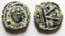 Ancient Coins - BYZANTINE . MAURICE TIBERIUS HALF FOLLIS. ORIGINAL DESERT PATINA