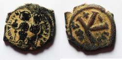 Ancient Coins - BYZANTINE. Justin II with Sophia, 565 - 578 AD, AE HALF FOLLIS