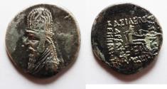 Ancient Coins - Parthian Kings. Mithradates II (121-91 BC). AR drachm (19mm, 4.03g). Rhagai mint.