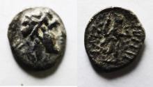 Ancient Coins - An apparently unpublished Seleukid: Seleukid Kings. Antiochos IV Epiphanes (175-164 BC)? AR obol (7mm, 0.44g). Uncertain mint.