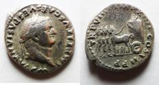 Ancient Coins - Titus as Caesar Denarius. Quadriga pacing left.