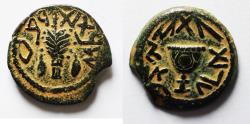 Ancient Coins - Apparently unpublished: Judaea. First Jewish War (AD 66-73). AE eighth-shekel (18mm, 3.29g). Struck in year 4 (AD 69/70).