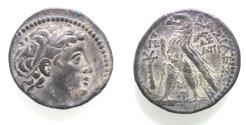 Ancient Coins - Seleukid Kings. Demetrios II Nikator (second reign, 129-126/5 BC). AR tetradrachm (29mm, 13.87g). Tyre, dated SE 184 (129/8 BC).