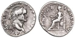 Ancient Coins - Vespasian AR Denarius, Very Fine / Good Fine, Circa. 75 C.E.