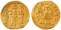 Ancient Coins - Heraclius and Heraclius Constantine with Heraclonas Gold AV Solidus, EF, Rare Var. see notes, 635/636 C.E.