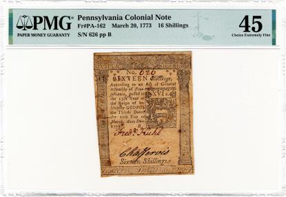 Colonial Note - Pennsylvania Sixteen Shillings, March 20, 1773 ...