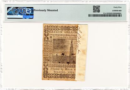 Colonial Note - Pennsylvania Sixteen Shillings, March 20, 1773 ...