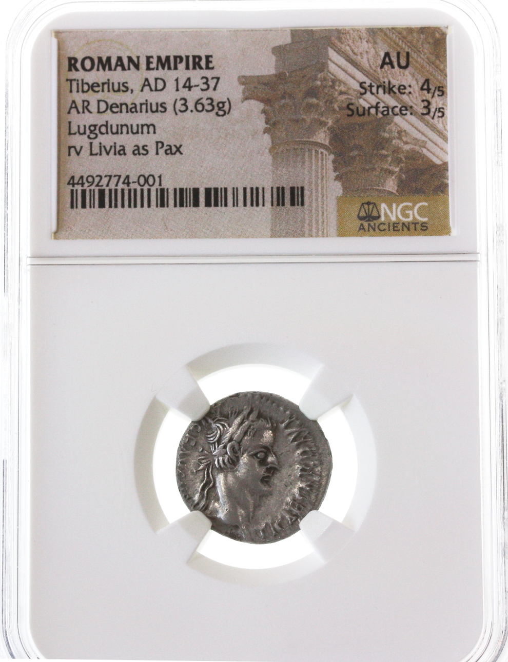 Tiberius AR Denarius, Tribute Penny, NGC AU, 14 - 37 C.E. | Roman