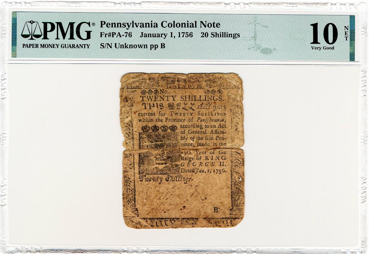 Colonial Note - Pennsylvania Twenty Shillings, January 1, 1756, PMG ...