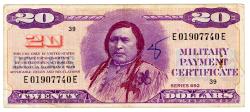 Us Coins - United States Military Payment Certificate, Series 692, "Chief Ouray", Very Fine, $20.00