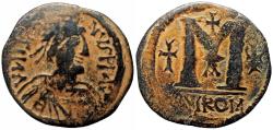 Ancient Coins - Justinian I. 527-565. Æ Follis .Rome mint, 1st officina. Struck 538-544.