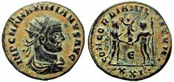 Ancient Coins - MAXIMIANUS. 286-305 AD. Æ Double Radiate Fraction (4.00 gm, 12h). Cyzicus mint. Struck circa 298-299 AD