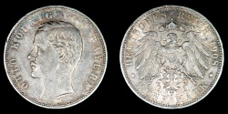 World Coins - GERMAN STATES – BAVARIA 1908-D 5 Mark, Otto