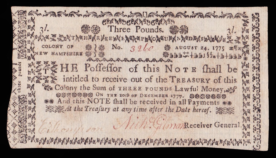 NEW HAMPSHIRE August 24, 1775 Three Pounds signed by Nicholas Gilman