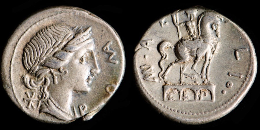 ROMAN REPUBLIC – Crawford 291/1, M. Aemilius Lepidus Denarius, 114/113 B.C.