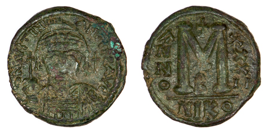 Byzantine Empire Justinian I Ae Follis Nikomedia Mint Yr 32 558 559 Ad 2nd Officina