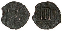 Ancient Coins - BYZANTINE EMPIRE – Phocas & Leontia Æ Follis, Theoupolis (Antioch, Syria) mint, RY 4 (605/606 A.D.)