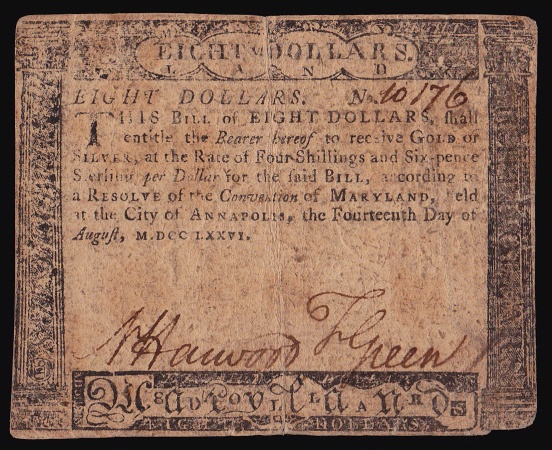 MARYLAND - August 14, 1776 Eight Dollars | US Paper Money