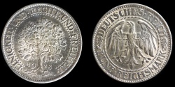 World Coins - GERMANY – Weimar Republic 1928-F 5 Reichsmark Oak Tree, Stuttgart mint