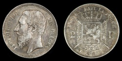 World Coins - BELGIUM – Kingdom 1867 2 Francs, Leopold II