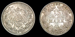 World Coins - GERMANY – Empire 1908-G 1/2 Mark, Wilhelm II, Karlsruhe mint