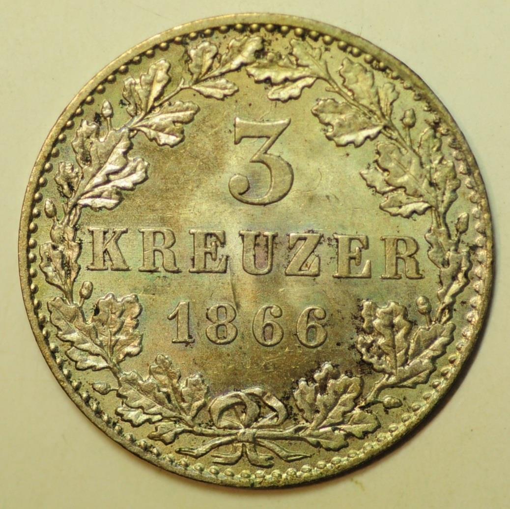 German States - Frankfurt am Main Silver 3 Kreuzer 1866 - 1 Year