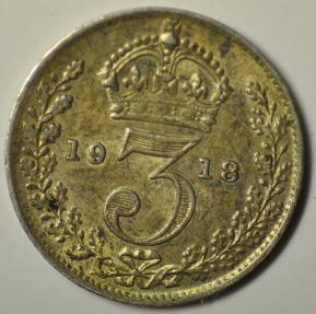 World Coins - Great Britain; Silver 3 Pence 1918