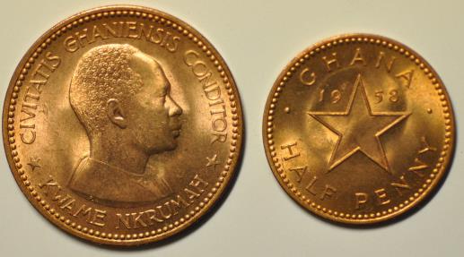 World Coins - Ghana 2 Coins: Bronze 1/2 & 1 Penny 1958 Dr. Kwame Nkrumah Red BU