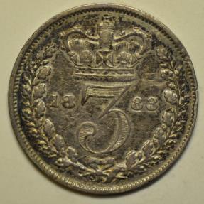 World Coins - Great Britain; Silver 3 Pence 1883   VF