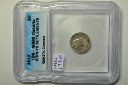 World Coins - Straits Settlements; Silver 5 Cents 1910  ICG MS60 details