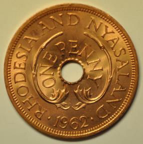 World Coins - Rhodesia & Nyasaland; Penny 1962 African Elephants Red UNC