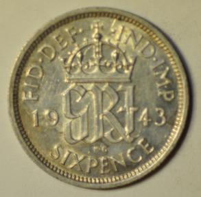 World Coins - Great Britain; Silver 6 Pence 1943