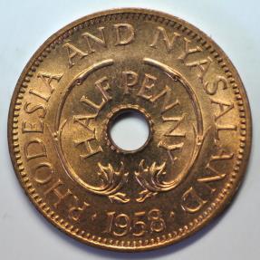 World Coins - Rhodesia & Nyasaland; 1/2 Penny 1958  Giraffes  Red UNC