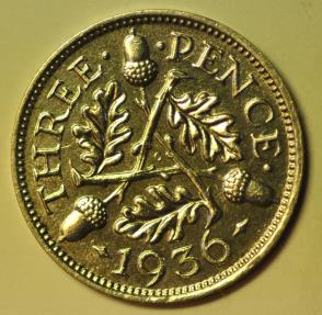 World Coins - Great Britain; Silver 3 Pence 1936  UNC
