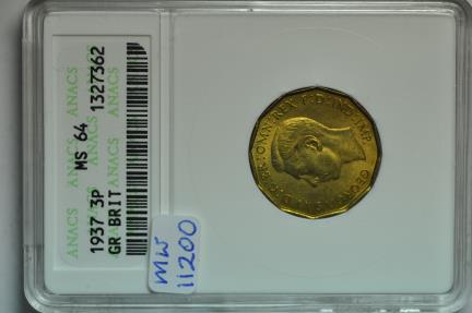 World Coins - Great Britain; 3 Pence 1937  ANACS MS64