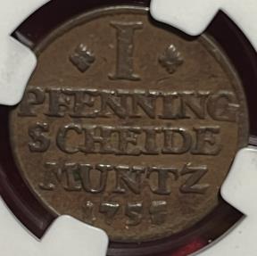 World Coins - German States Brunswick - Luneberg - Calenberg - Hannover Pfennig 1755 IBN  NGC AU53 BN