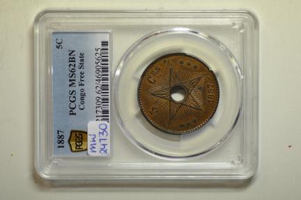 World Coins - Congo Free State; 5 Centimes 1887  PCGS MS62 BN