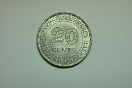 World Coins - Malaya; Silver 20 Cents 1943  UNC