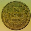 World Coins - Finland under Russian Occupation Silver 50 Pennia 1864-S  Low Mintage: 104,000
