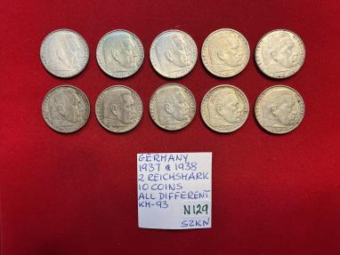 Germany; Lot of 10 Silver 2 Reichsmark 1937 & 1938 All Different