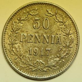 World Coins - Finland under Russian Occupation  Silver 50 Pennia 1917-S