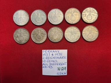 Germany; Lot of 10 Silver 2 Reichsmark 1937 & 1938 All Different