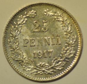 World Coins - Finland under Soviet Russia Occupation Silver 25 Pennia 1917-S Crown above the eagle removed