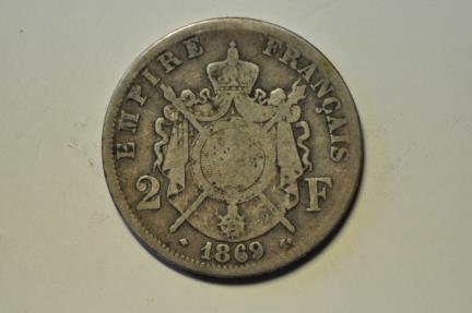 World Coins - France; Silver 2 Francs 1869-A